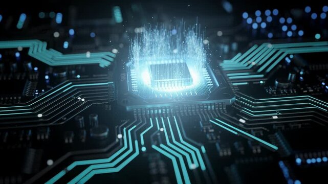 Close up of glowing microchip on circuit board with futuristic digital data streams and technology concept