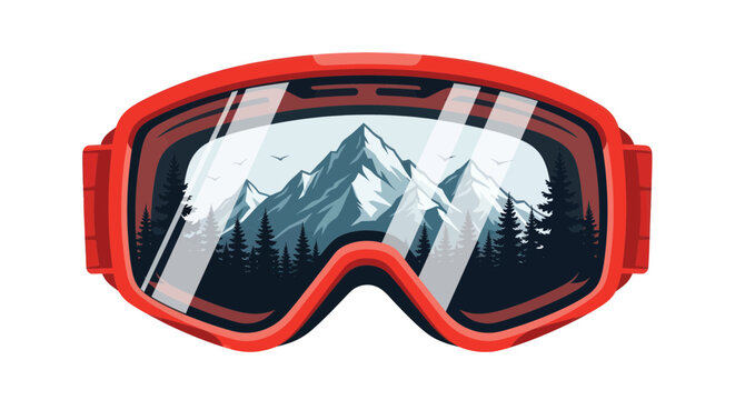 Ski Goggles Reflecting Mountain Landscape with Snow and Trees