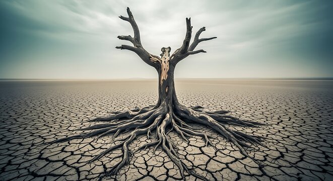 Dead tree with exposed roots in cracked dry soil under a moody gray sky representing drought and climate change in a parched desert environment