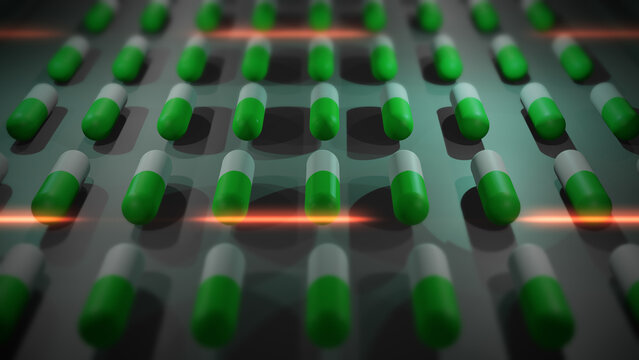 Green and White Drug Pills or Capsules being Produced in Lab