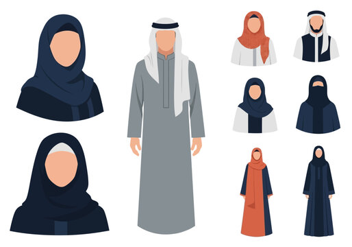 Middle Eastern Characters Set in Traditional Arab Clothing - Muslim Man and Woman Avatars in Hijab, Abaya, Thobe, and Ghutra - Flat Vector Icons Isolated on White