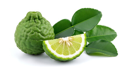 Fototapeta premium Kaffir lime fruit and slice with green leaves citrus