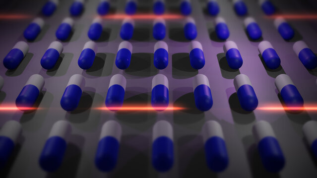 Blue and White Drug Pills or Capsules being Produced in Lab