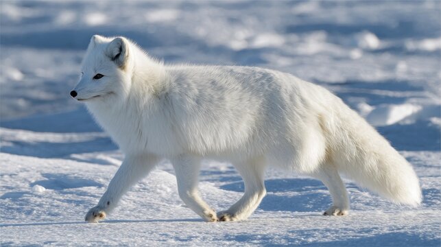 An arctic fox with thick white fur walks across a snowy landscape in winter