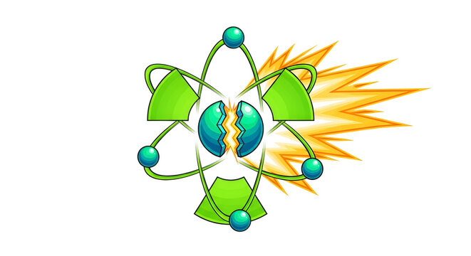 Green cartoon atom splitting with energy burst isolated on white. Nuclear fission illustration with atomic structure and beam rays