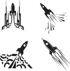 Fototapeta premium Four black and white illustrations of rockets launching