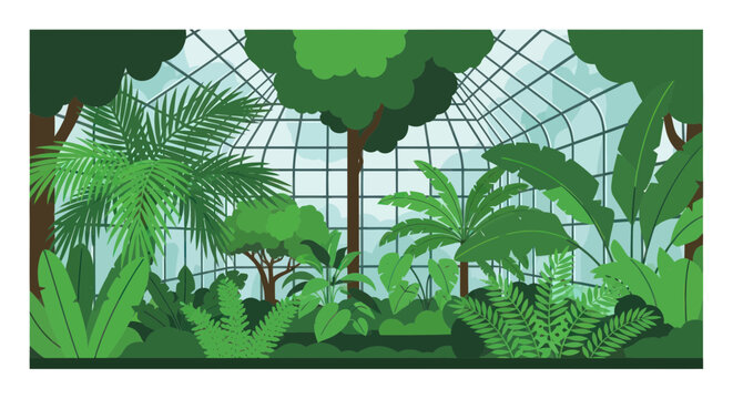 Lush Greenhouse Interior with Diverse Tropical Plants and Glass Ceiling