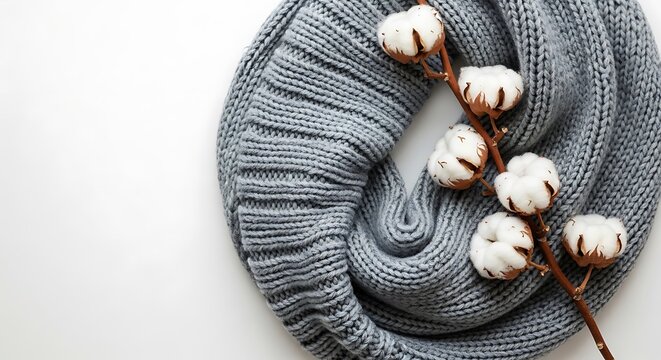 Grey knitted scarf snood with raw cotton boll branch on a white background for a cozy winter season flat lay top view lifestyle concept scene daily