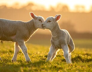 Fototapeta premium Two young lambs nuzzling each other in a sunlit field. Captured in soft, warm light
