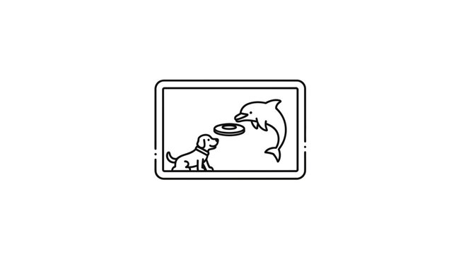 Whimsical illustration of a dog and a dolphin playing frisbee on a screen icon clean design