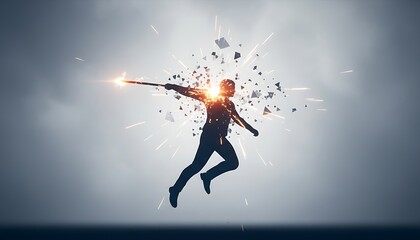 Obraz premium Dynamic Silhouette of Man Exploding Into Shards in Mid Air