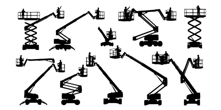 Boom lift and cherry picker silhouettes set, aerial work platform machines with operators in elevated working positions isolated on white background vector illustration 