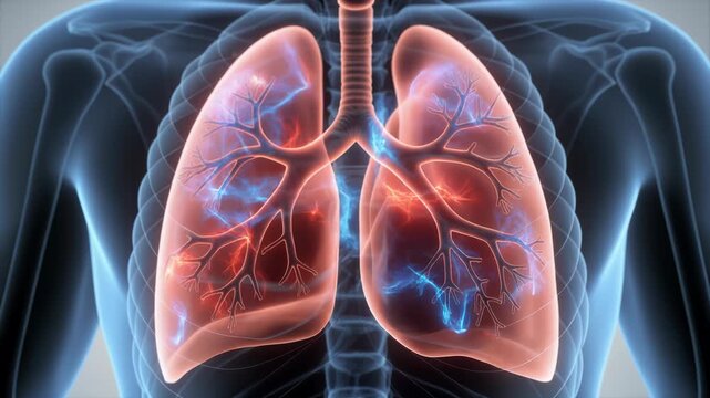 3D Illustration of Human Lungs with Detailed Bronchial Tree and Blood Vessels