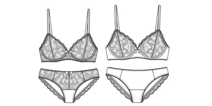 Women lace lingerie technical fashion sketch bra and panties underwear set with scalloped lace trim bow, cad drawing flat vector illustration
