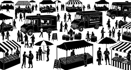 Obraz premium A bustling outdoor farmers market scene with vendors shoppers and food trucks presented as a silhouette on transparent background high quality 