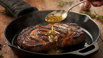 Fototapeta premium Juicy Grilled Steak in Cast Iron Pan with Garlic Butter Drizzle
