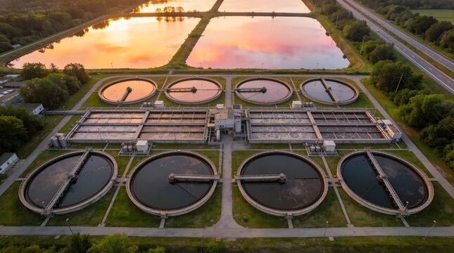 Aerial View of Modern Water Treatment Plant with Circular Clarifier Tanks at Sunset