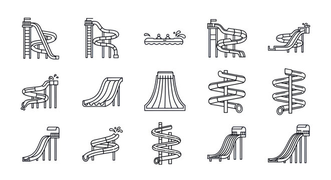 Water Slide Icons Set: Fun Aquatic Amusement Park and Waterpark Attractions