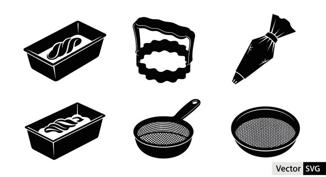 Baking Supplies Icon Set: Loaf Pan, Cookie Cutter, Piping Bag, Frying Pan, Sieve