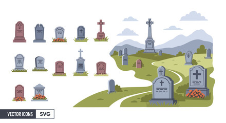 Tombstones and Gravestones Collection: Cemetery Scene & Individual Elements