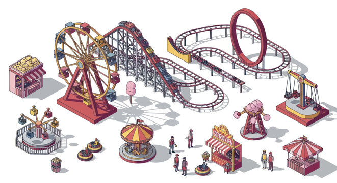Pixel Art Amusement Park Attractions: Rides, Stalls, and Ferris Wheel