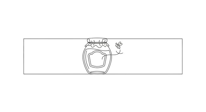 Minimalist line art illustration of a honey jar with a buzzing bee embodying natural sweetness and
