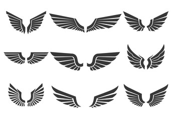 Obraz premium Set of 9 Black Wing Icons and Heraldic Emblems for Logo Design, Aviation Symbols, Bird Wings Vector Graphics, Tribal Tattoo Designs and Freedom Concept Illustrations