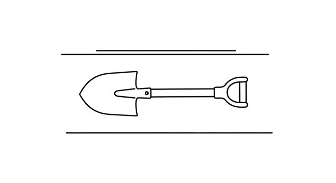 Minimalist line art illustration of a garden or construction shovel tool for digging and earthworks