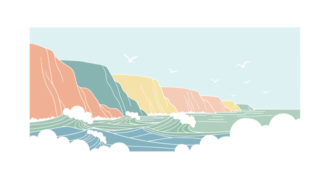 Waves crash against rocky cliff shore.