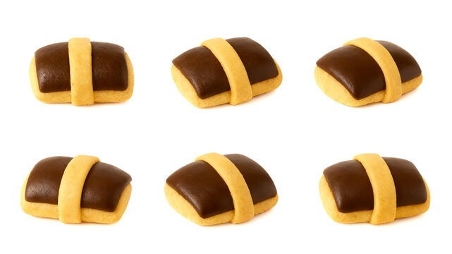 Indonesian chocolate nastar cookies or pineapple tarts with chocolate topping isolated on white background. Traditional Eid Mubarak snacks.