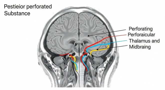 Coronal MRI Brain Scan Illustrating Posterior Perforated Substance and Thalamus Pathways.