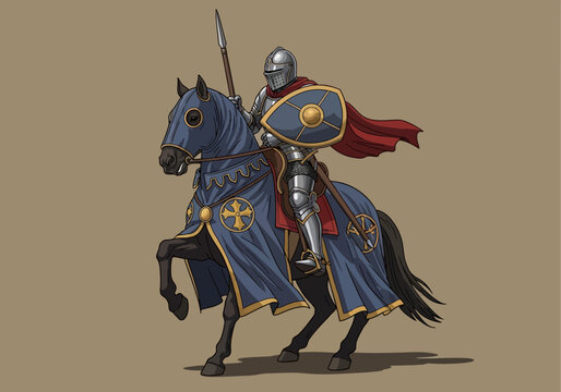 Medieval Knight in Full Plate Armor Riding a Warhorse with Spear and Shield
