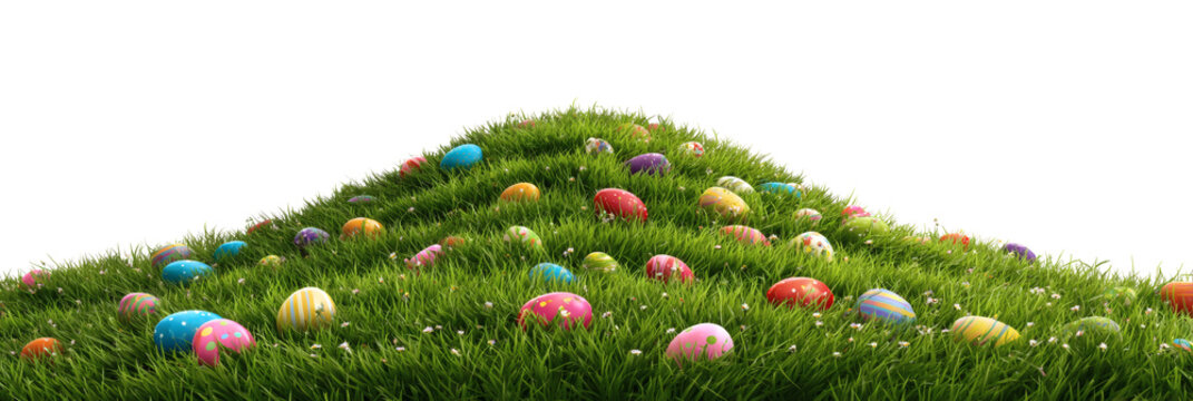 A vibrant green grassy hill filled with numerous brightly colored and intricately patterned easter eggs, scattered among small white wildflowers, creating a joyful and festive spring scene&nbsp;
