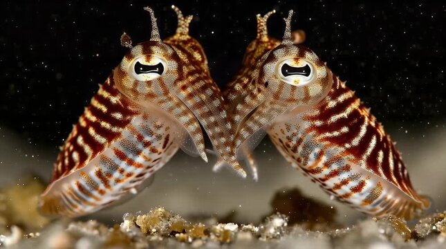 Two adorable pygmy cuttlefish engage in a charming mating dance on sandy seabed showcasing intricate patterns and vibrant colors of marine life
