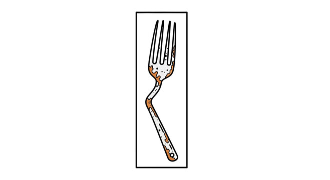 Whimsical illustration of a used and bent dining fork showing food remnants ready for cleaning