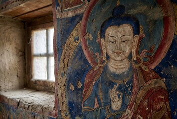 Obraz premium An intimate, highly textured, close-up photograph of the ancient, vibrant Buddhist thangka paintings and murals on the mud-brick walls of the Tabo Monastery, Himachal Pradesh, India. 
