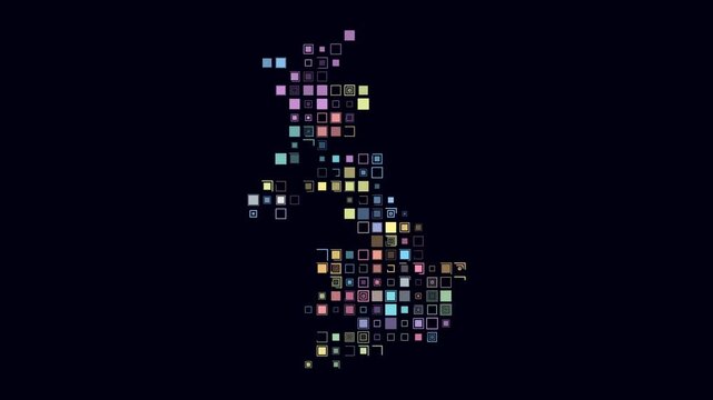 United Kingdom map animation. Shape of the country with pulsating colored dots. Large size square blocks. Digital style United Kingdom map on dark background. Trending video.