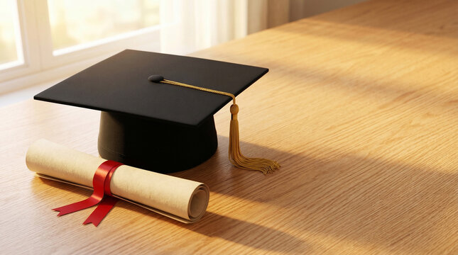Black graduation cap with golden tassel and diploma scroll tied with red ribbon on wooden table in warm sunlight against blurred window background