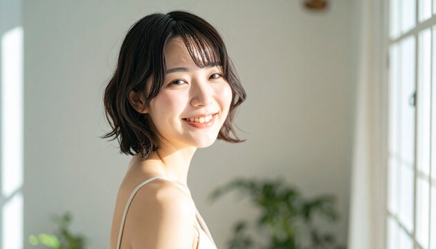 自然光の室内で微笑む日本人女性のポートレート｜ナチュラルなライフスタイル・ビューティーイメージ