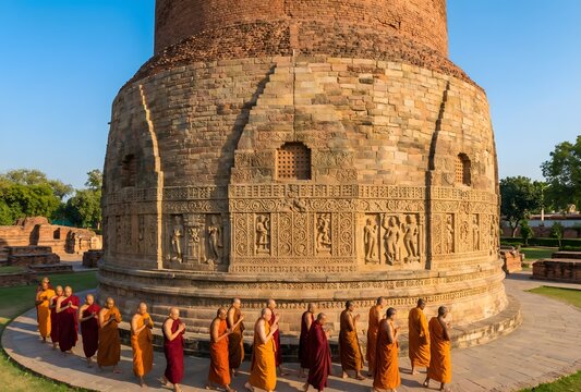A detailed, grand photograph of the Dhamek Stupa in Sarnath, Uttar Pradesh, India. Focus on the intricate geometric patterns and carvings of floral and human motifs in the stone friezes. 