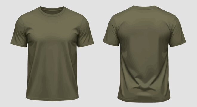 Blank olive green short sleeve t-shirt mockup, front and back views, isolated on a light background, ideal template for apparel design and custom clothing projects