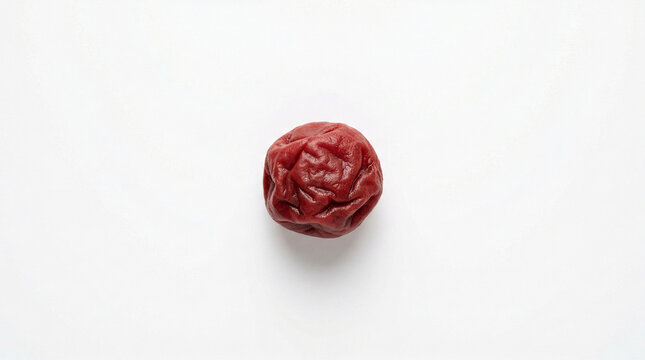 Single Japanese Umeboshi Pickled Plum Negative Space Portrait White Background Studio Minimal Halal Food Photography