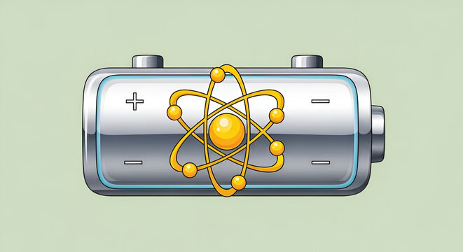 Shiny battery with an atom symbol embodying clean energy and scientific innovation illustration vector style on a pale green background