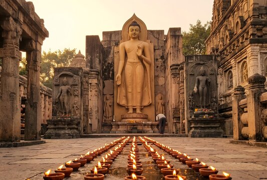 A serene, captivating photograph capturing the majestic, standing statue of the Buddha at the Maha Bodhi Temple in Bodh Gaya, Bihar, India. The statue, in a warm, gold hue, is flanked by ancient stone