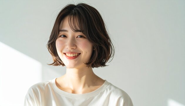 自然光の室内で微笑む日本人女性のポートレート｜ナチュラルなライフスタイル・ビューティーイメージ