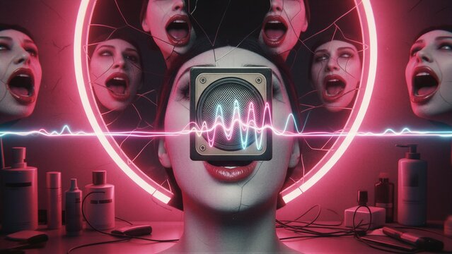 Woman hypnotized by sound waves vibrating from speaker. Surreal concept of mind control and mass manipulation. Futuristic psychological influence and subliminal messaging technology.