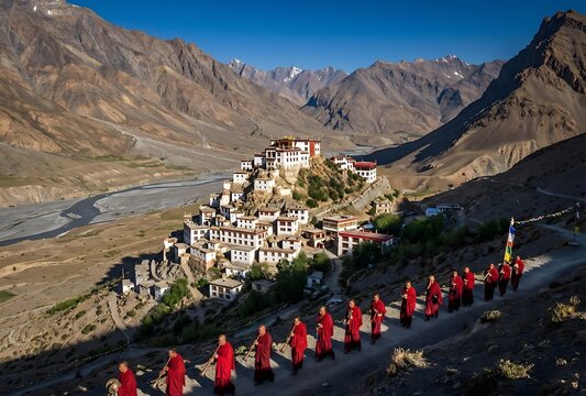 A breathtaking, wide-angle photograph capturing the entire Key Monastery in Spiti Valley, Himachal Pradesh, India. The monastery, a cluster of white, stacked structures with red and yellow roofs.