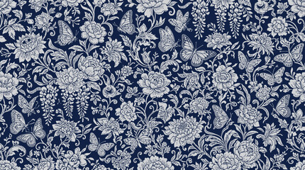 Elegant blue and white damask floral textile pattern with seamless ornamental motif for fabric and decor. © bohey