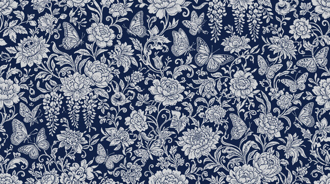 Elegant blue and white damask floral textile pattern with seamless ornamental motif for fabric and decor.