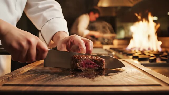 Headless Shot of Professional Chef Slicing Premium Steak in Open Kitchen